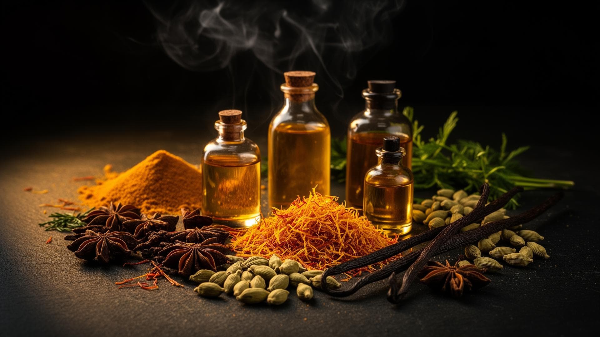 Premium spices, saffron and amber flavor essences on a dark surface